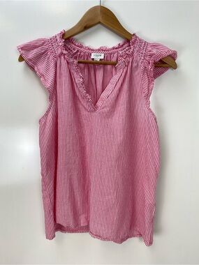 J. Crew Pink and White Striped Cap-Sleeve Split-Neck Top
